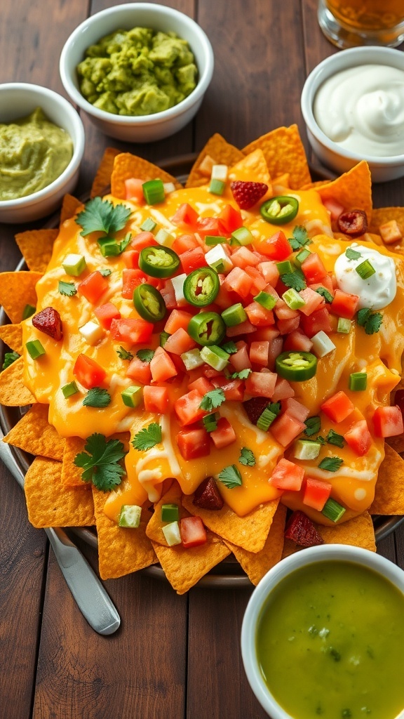 A colorful plate of cheesy nachos with toppings, served with guacamole and sour cream.